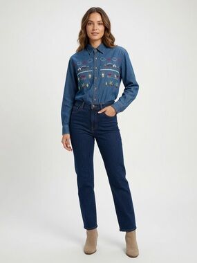 Button down jean shirt embroidered farm horticulture farming theme cotton M/L